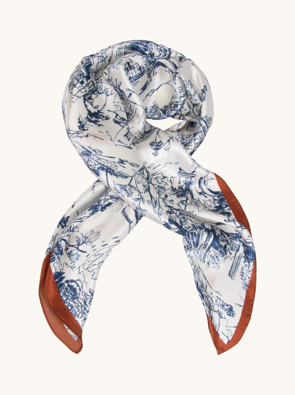 Apaszka jedwabna z motywem miasta z brązową obwódką 88 cm x 88 cm