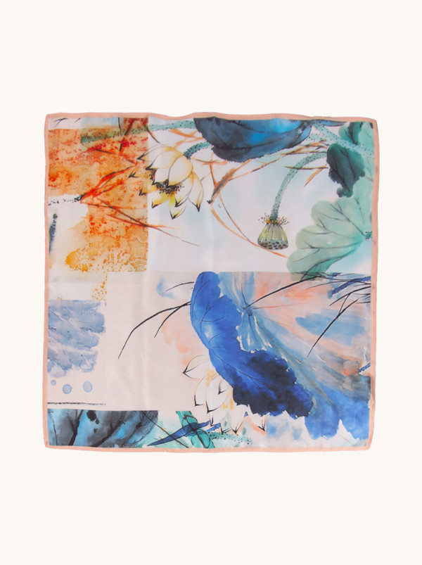 Silk gavroshka with beige border and lotus flower 53 cm x 53 cm