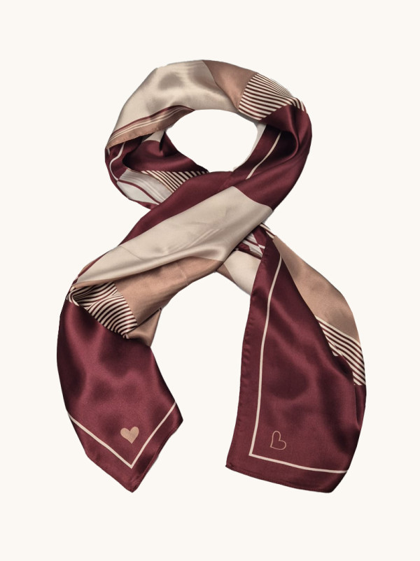 Szal jedwabny w bordo i beżu z geometrycznym wzorem 55x175 cm