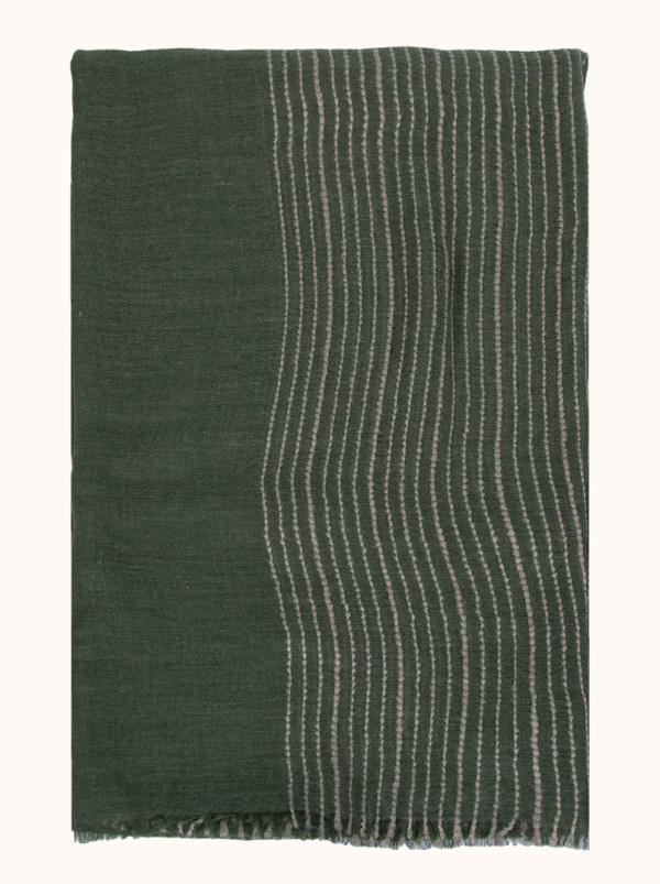 Szal z wełną w pasy ciemna zieleń 90x190 cm