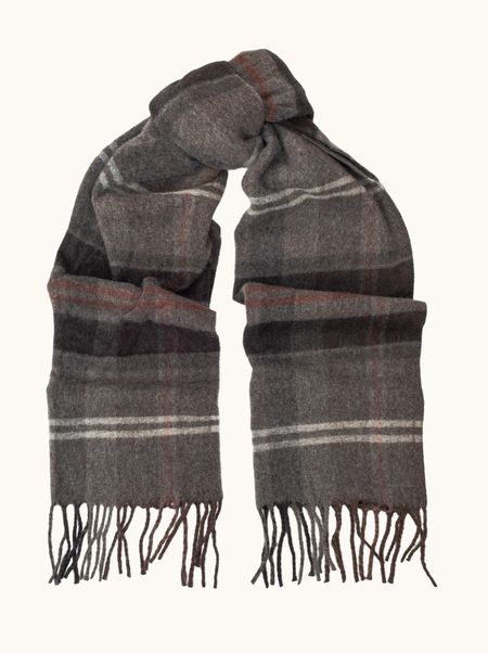 Ciepły szal z wełną brązowy w kratę z frędzlami 50x190 cm
