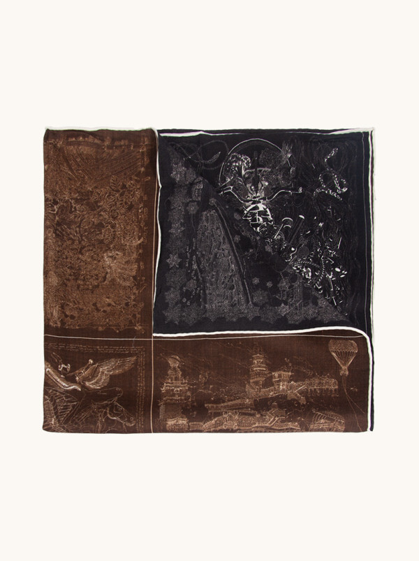 Apaszka dwustronna wełna z jedwabiem z motywem miasta 90 cm x 90 cm PREMIUM