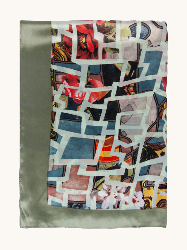 Lightweight shawl in geometric patterns with a celadon border 85 cm x 175 cm