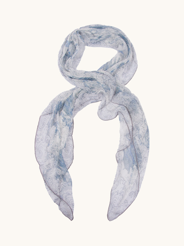 Blue silk crepe floral scarf 80 cm x 180 cm