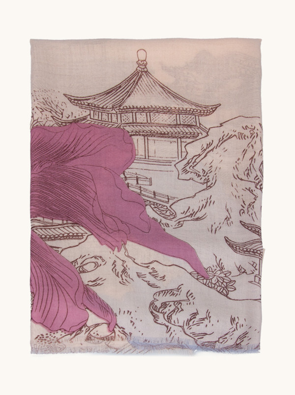 Scarf 100% wool in shade of pink with house motif 70 cm x 190 cm