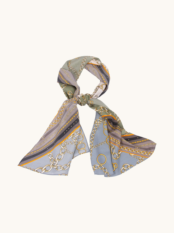 Silk scarf in shades of olive green and chain motif 35 cm x 145 cm