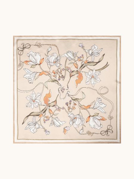 Apaszka jedwabna beżowa w roślinny wzór 70x70 cm