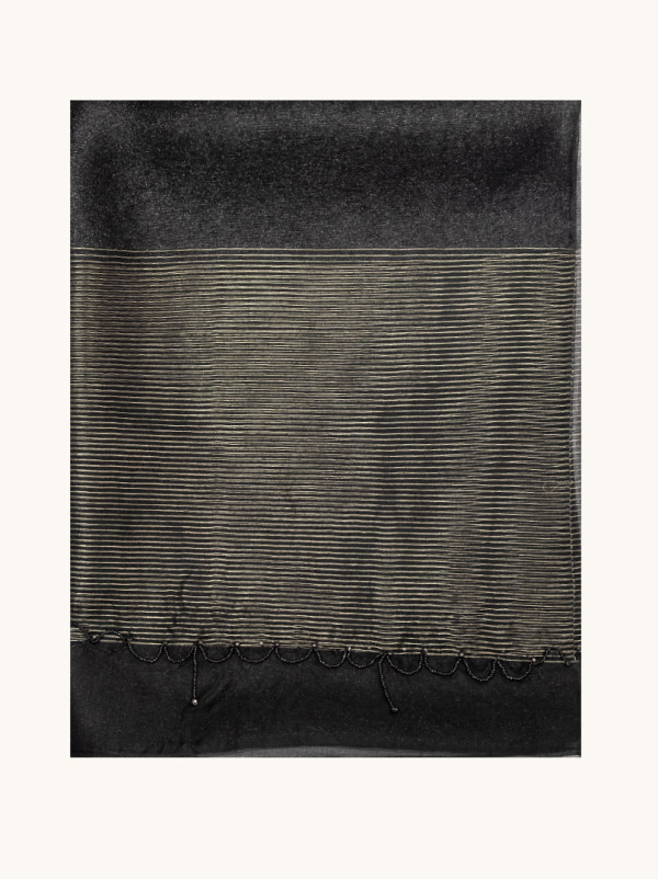 Szal wieczorowy czarny z jedwabiu i wełny ze zdobieniami 70x190 cm PREMIUM