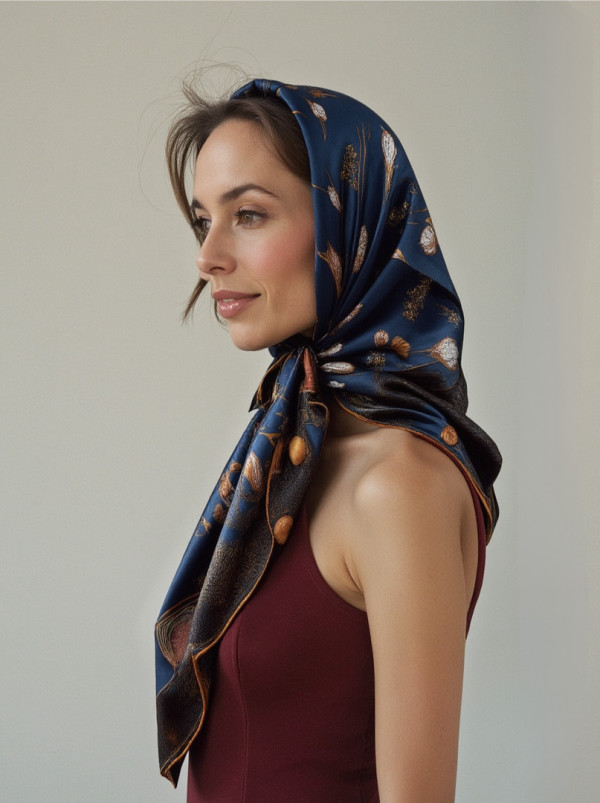 Duża chusta jedwabna granatowa w kwiaty 105cm x 105cm PREMIUM