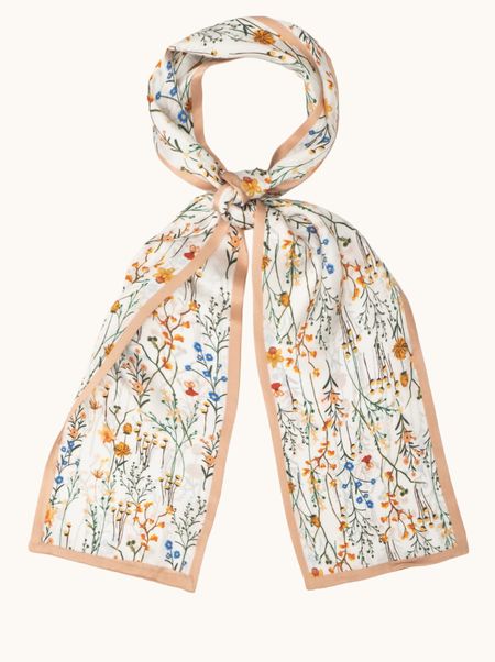 Szal jedwabny kremowy w roślinny wzór 16x145 cm