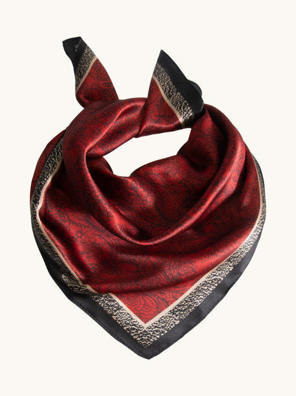 Small women's burgundy silk scarf in paisley 53cm x 53cm