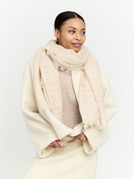 Szal kaszmirowy ciepły z frędzlami w odcieniu kremowej bieli 70cm x 220cm PREMIUM