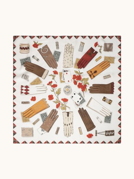 Apaszka jedwabna biała z motywem rękawiczek 90x90 cm