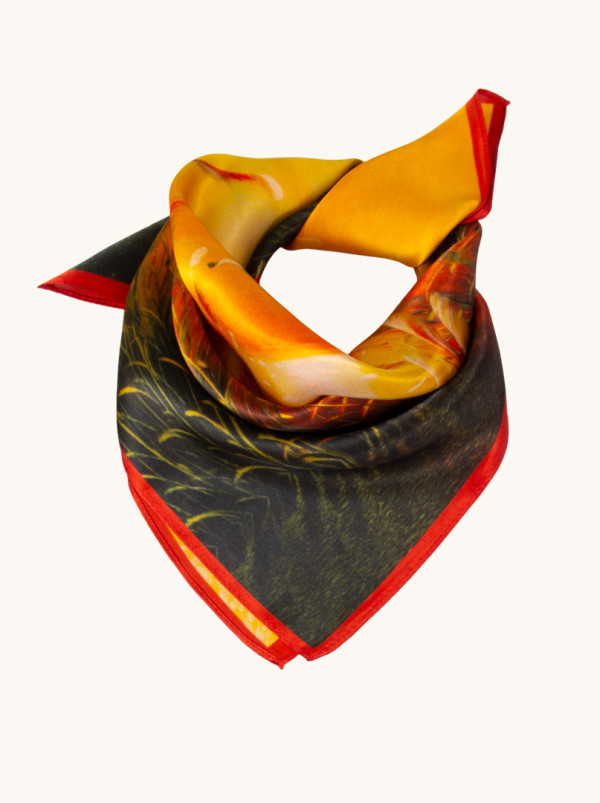 Apaszka jedwabna złota z motywem zachodu słońca i trzcin 53x53 cm