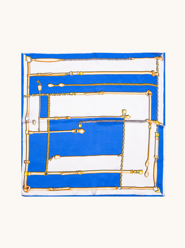 Small silk scarf classic blue and white with harness motif 53cm x53cm