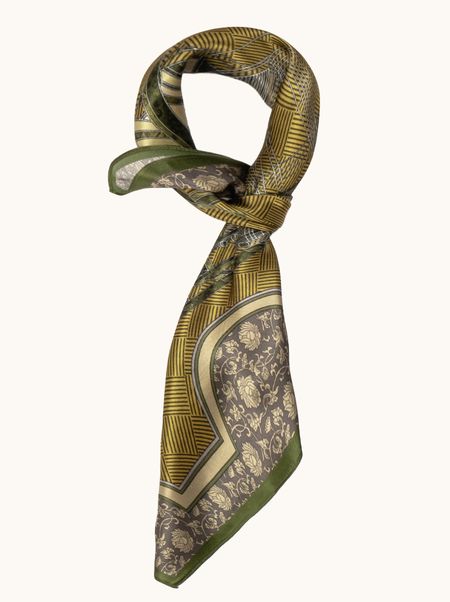 Apaszka jedwabna zielona z motywem architektonicznym 70x70 cm