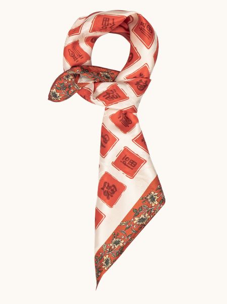 Apaszka jedwabna dwustronna czerwona z chińskim motywem graficznym 65x65 cm