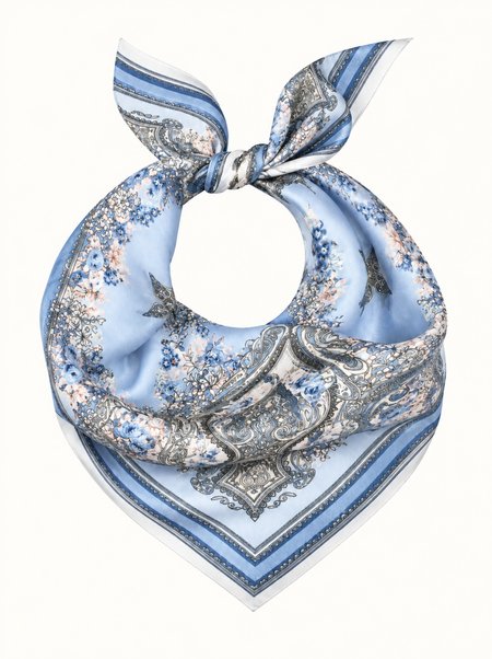 Blue silk scarf with a pattern, 53x53 cm
