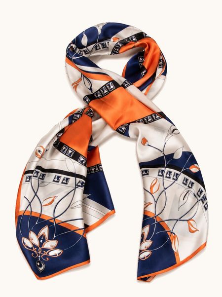 Orange and navy blue silk scarf with geometric pattern 55x175 cm