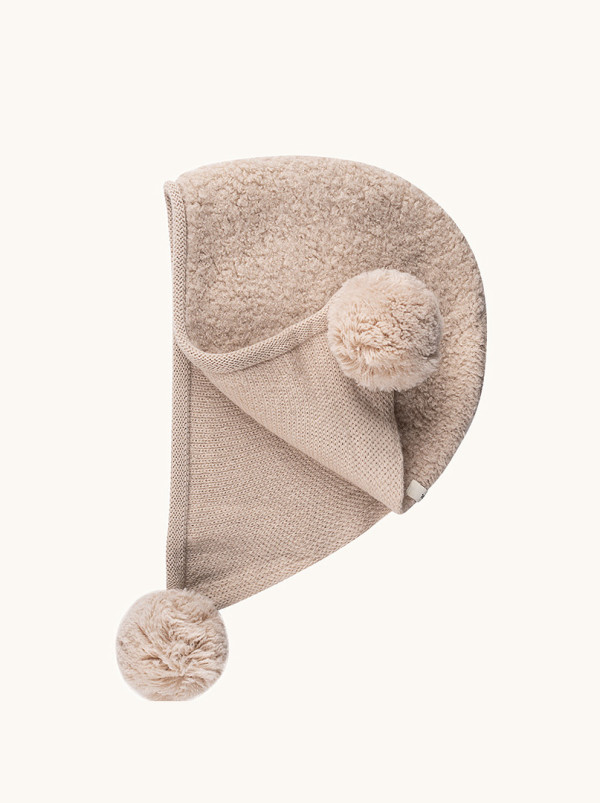 Czapka uszatka z pomponami 100% wełna beżowa PREMIUM