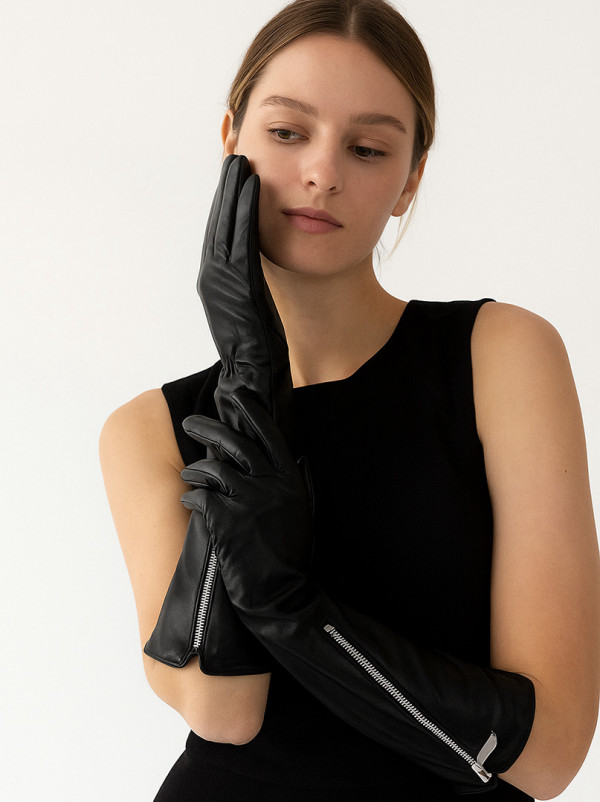 Rękawiczki skórzane długie klasyczne czarne ocieplane wełną