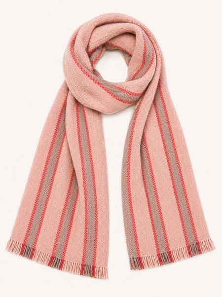 Warm striped pink wool shawl with tassels 40x190 cm