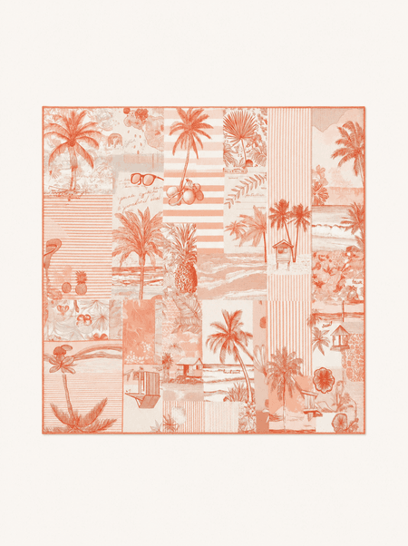 Coral-colored wool and silk scarf with palm tree print, 65x65 cm