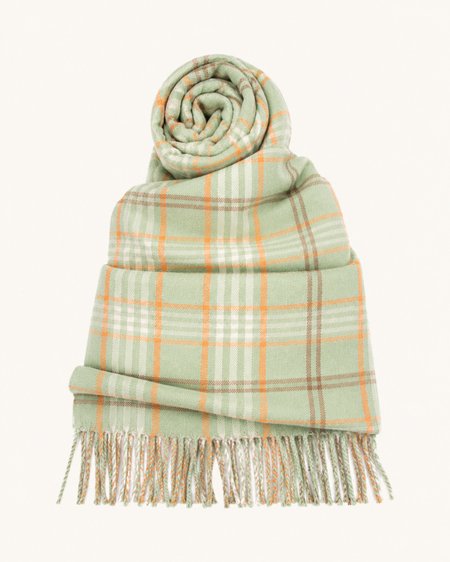 Warm, light green plaid wool scarf, 70x210 cm