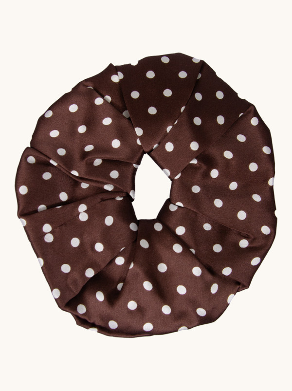 Gumka jedwabna typu scrunchie brązowa w kropki