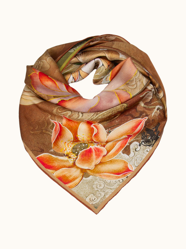 Silk scarf with lotus - oriental pattern 65x65 cm