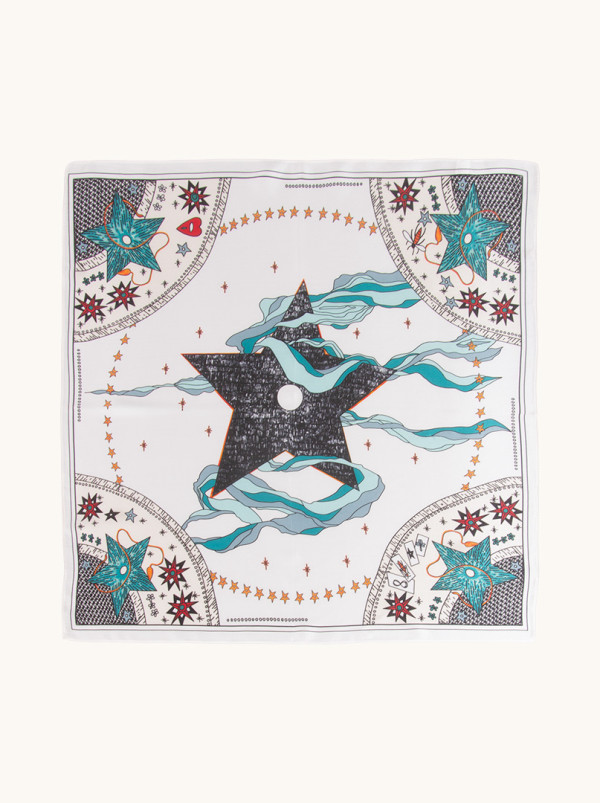 Apaszka jedwabna biała z motywem gwiazd 53x53 cm