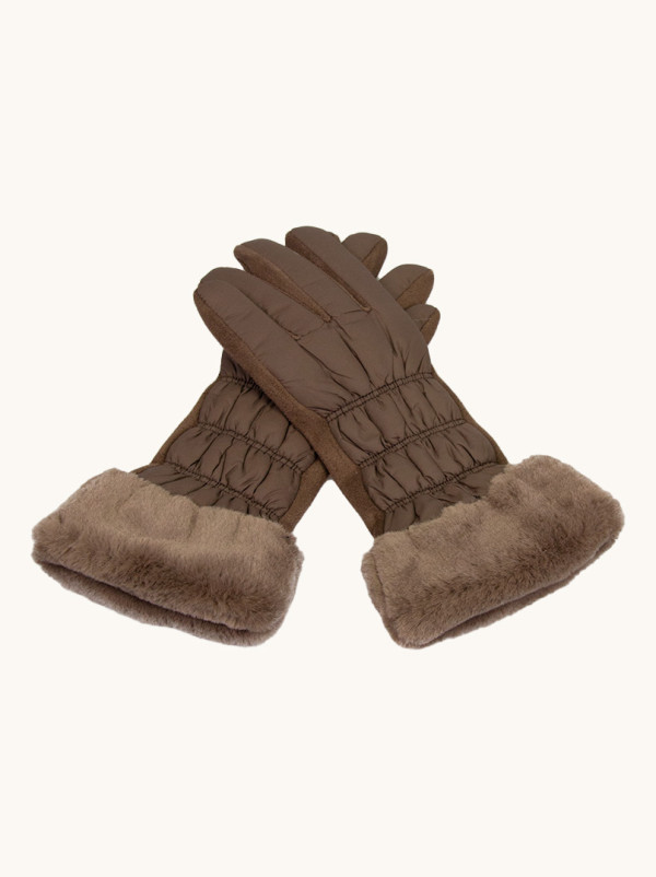 Rękawiczki brązowe dzianinowe pikowane z futerkiem