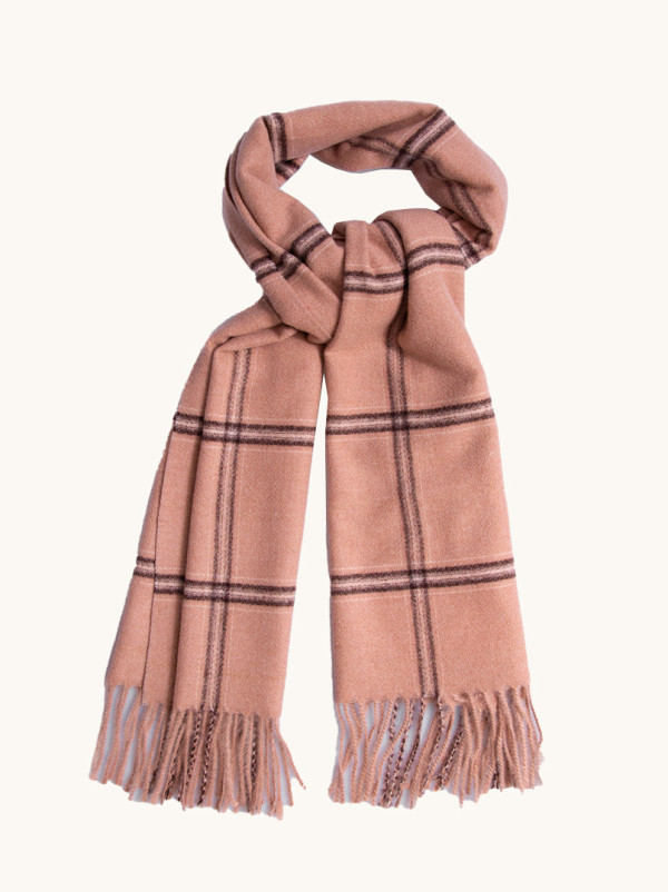 Ciepły brązowy szal  w kratkę 70 cm x 210 cm