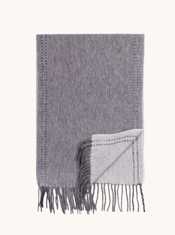 Warm, reversible gray scarf made of 100% wool with tassels, 30x170 cm