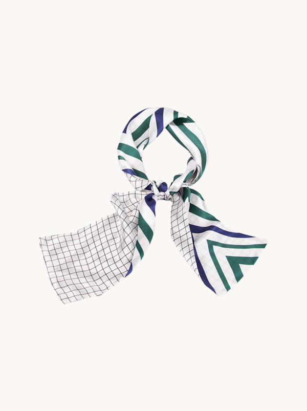 Dwustronny wąski szal z jedwabiu w kratę i paski 15 cm x 150 cm