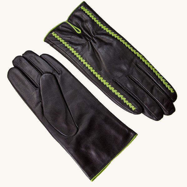 Brązowe rękawiczki skórzane z ozdobnym zielonym akcentem