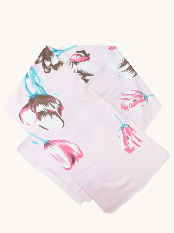 Szal ciepły różowy z wełną w kwiaty 70 cm x 190 cm