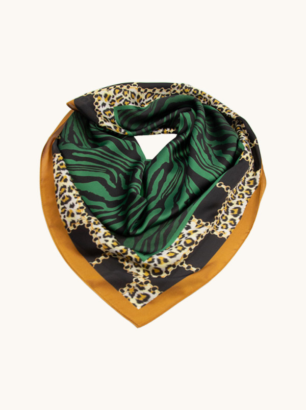 Apaszka z poliestru w panterkę i zebrę z brązową obwódką 68cm x 68 cm