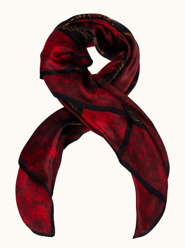 Apaszka 90 cm x 90 cm z jedwabiu bordowa w orientalne złote wzory