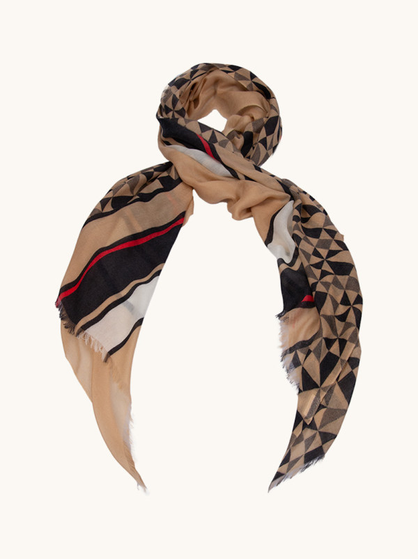 Cienki szal kaszmirowy w kolorze brązowym w czarną kratkę z czerwono-czarną lamówką PREMIUM