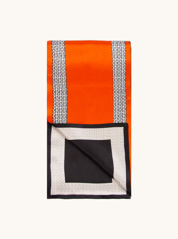 Orange silk scarf with black patterns, 16 x 145 cm