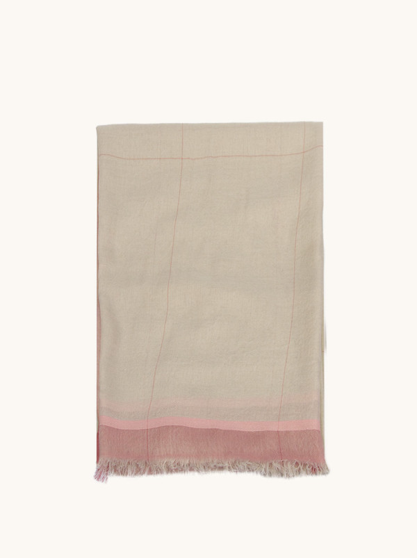 Szal lekki  beżowy w dużą różową  kratę  60 cm  x 170 cm