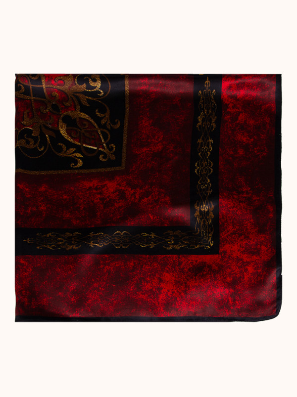 Apaszka 90 cm x 90 cm z jedwabiu bordowa w orientalne złote wzory