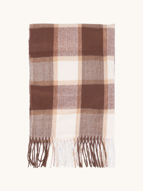 Szal ciepły brązowy w  kratę beżową z frędzlami 65 cm x 180 cm