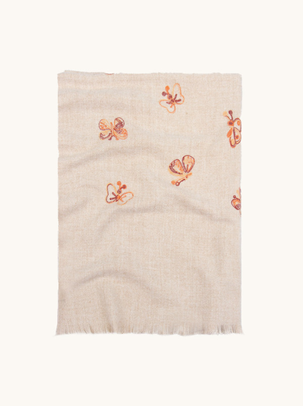 Warm, 100% wool scarf in beige with butterfly pattern, 70x195 cm