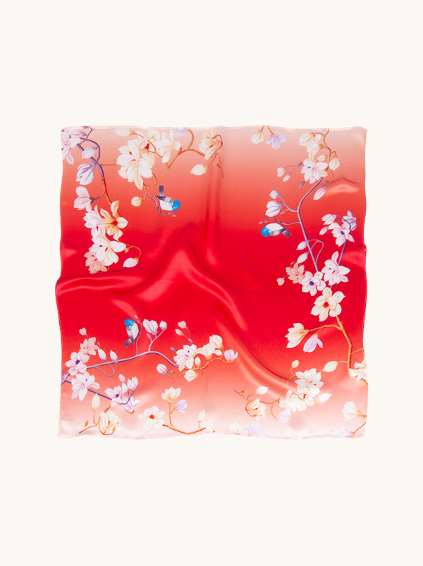 Apaszka jedwabna czerwona w kwiaty 53x53 cm
