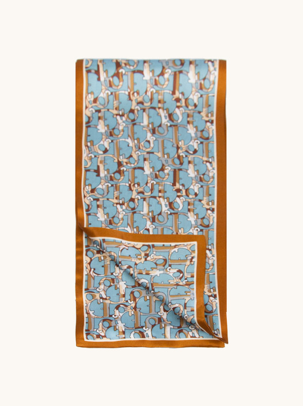 Blue silk scarf with letters, 16 x 145 cm