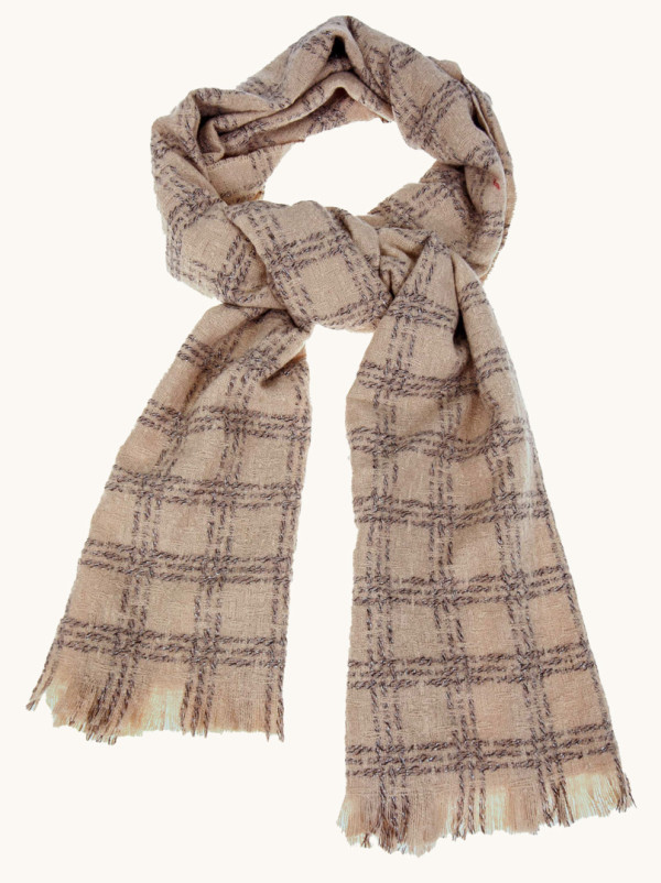 Ciepły beżowy szal w kratę 195cm x 70cm