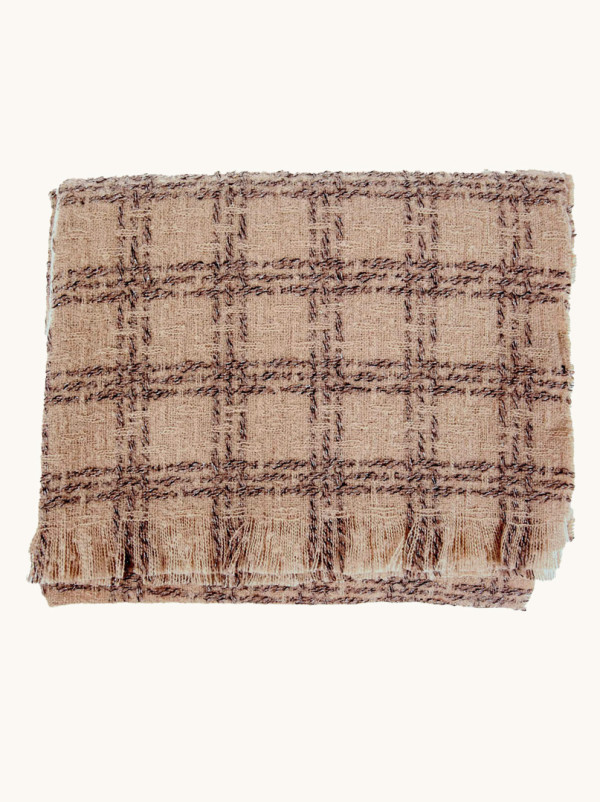 Ciepły beżowy szal w kratę 195cm x 70cm