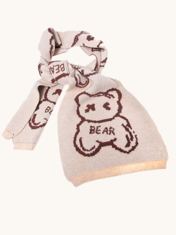 Ciepły beżowy szal z motywem misia 30 cm x 190 cm